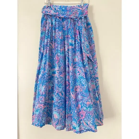 Talbots Cotton Voile Maxi Skirt Flowing Floral Blue Pink Tropical Pockets Tie 10 - Picture 2 of 5